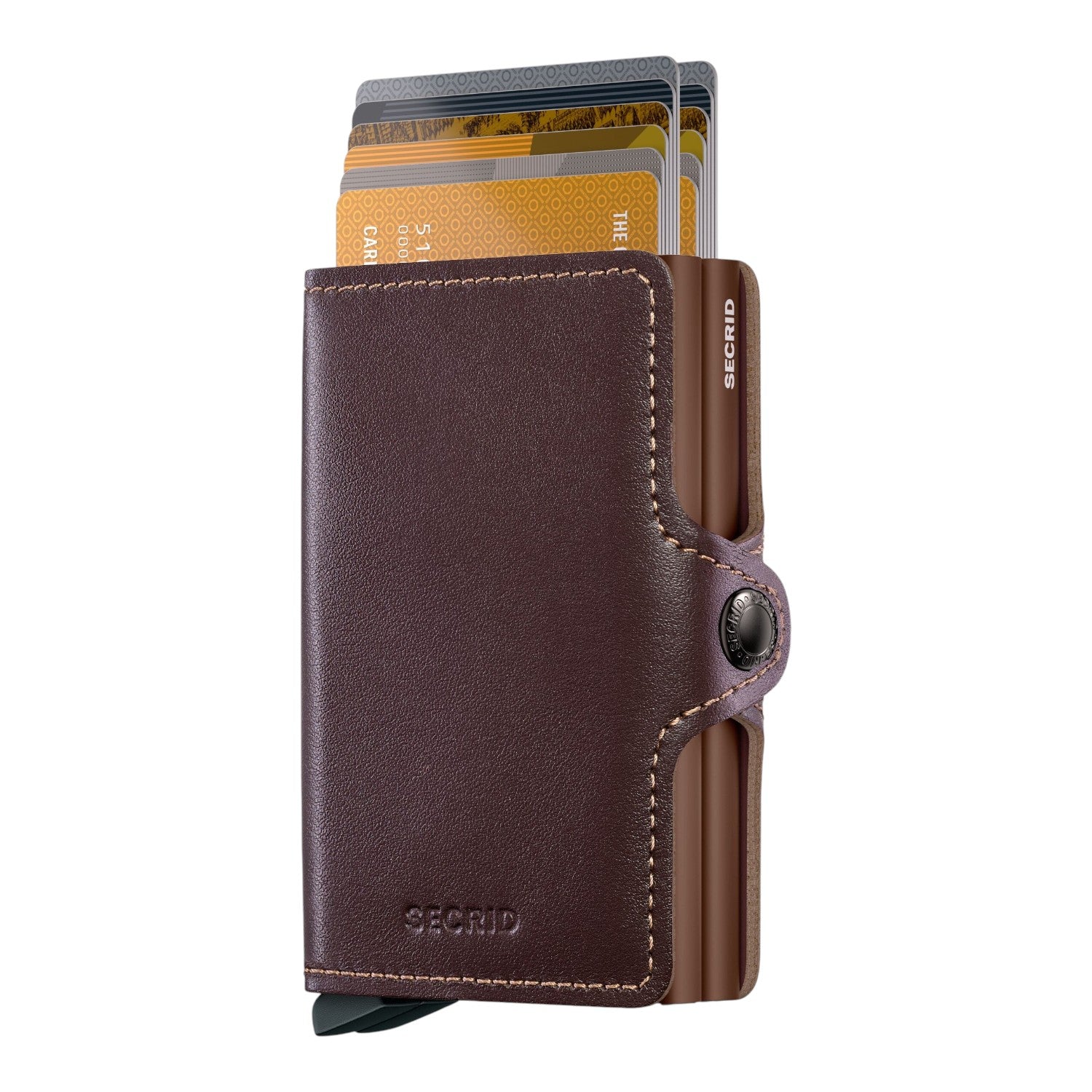 Lieblingstasche Secrid Twinwallet Original in dark brown leather with RFID-protected aluminum card holders.