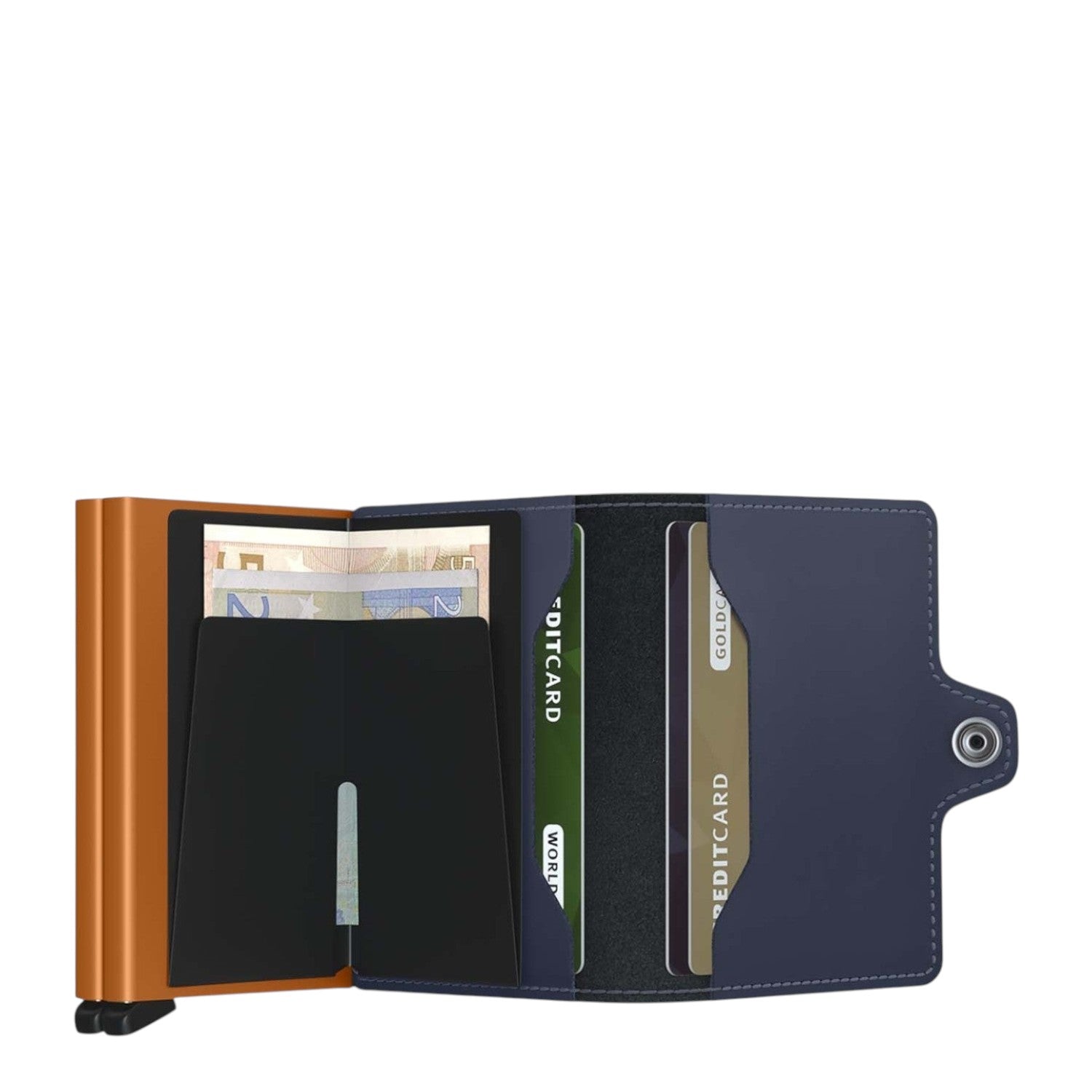 Lieblingstasche Secrid Twinwallet Matte in navy blue leather with orange card protector and snap button closure