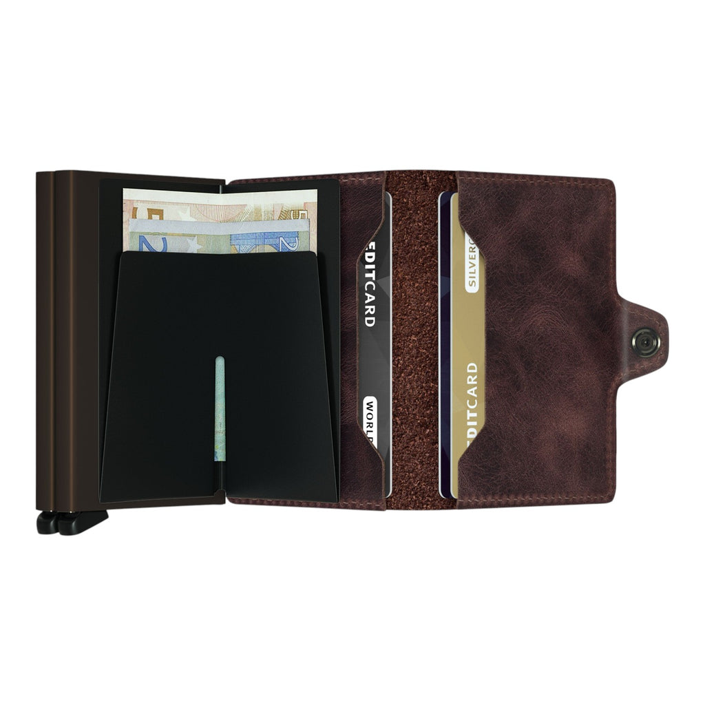 Lieblingstasche Secrid Twinwallet Vintage in dark brown leather with two aluminium card protectors and banknote slots.
