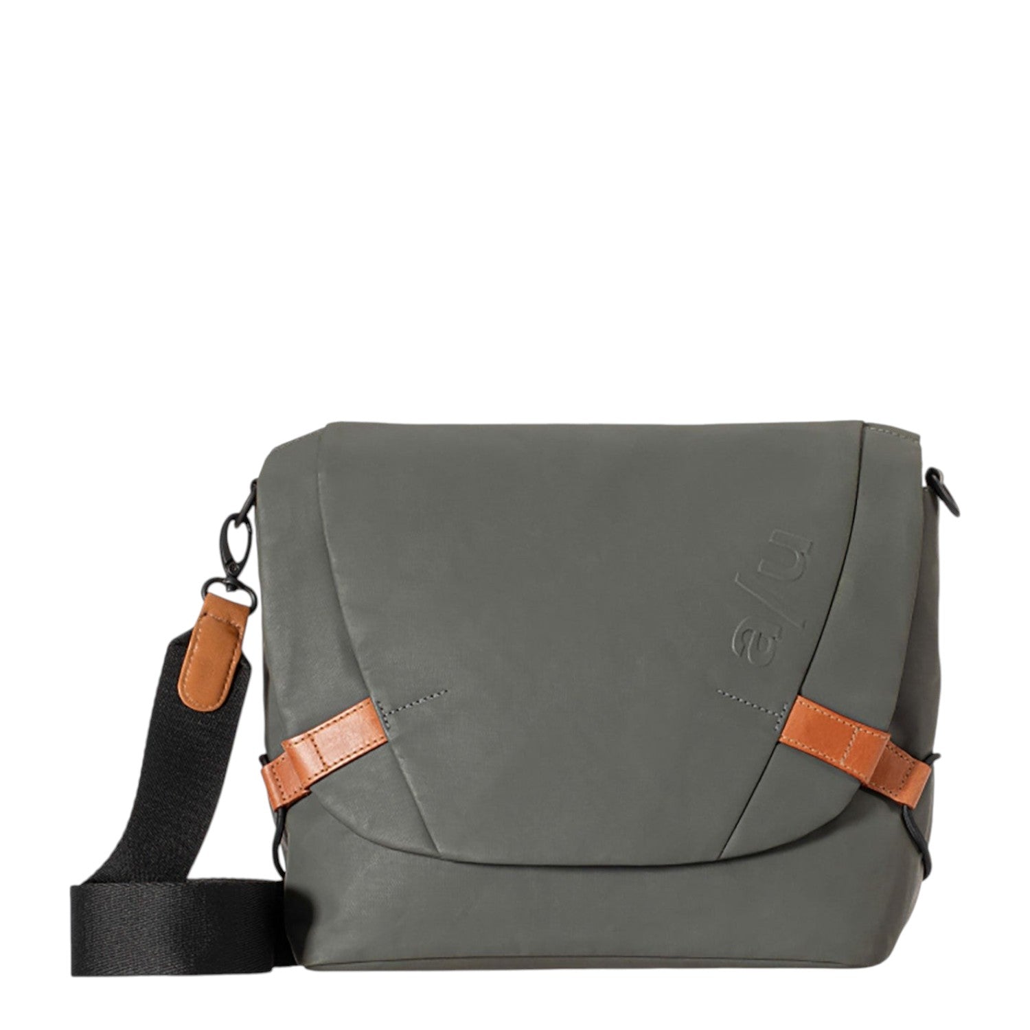 Lieblingstasche Sendai grey water-repellent cotton messenger bag with tan leather accents and adjustable strap