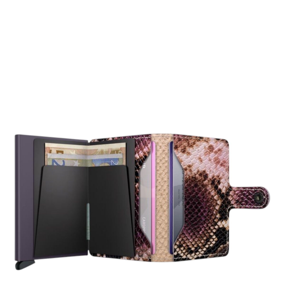Lieblingstasche Miniwallet Serpent featuring a purple and brown snakeskin pattern leather exterior and card slots.