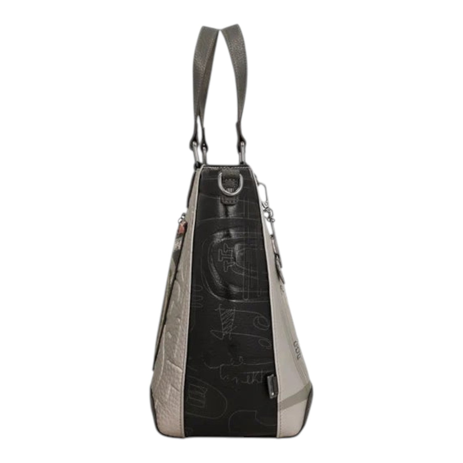 Lieblingstasche short handle bag in black and grey with abstract graphic patterns and side view profile