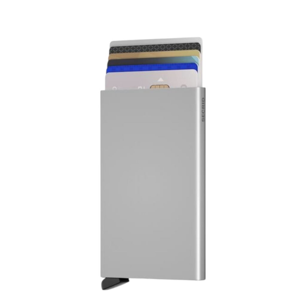 Lieblingstasche silver aluminum Cardprotector wallet with multiple credit cards sliding out