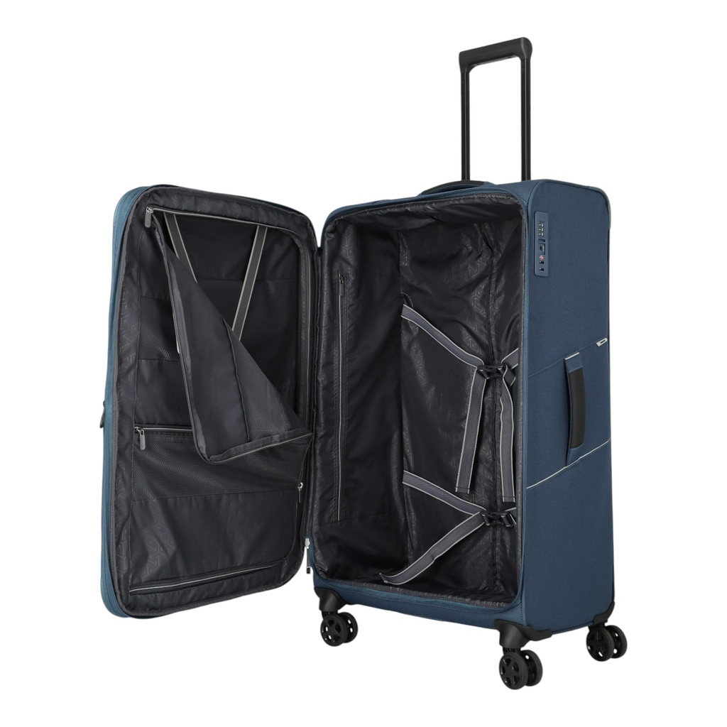 Lieblingstasche Skaii 4-wheel expandable large blue trolley suitcase with open interior and packing straps