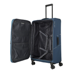 Lieblingstasche Skaii Trolley 4W L exp in blue, an expandable suitcase with four wheels and open interior compartments.