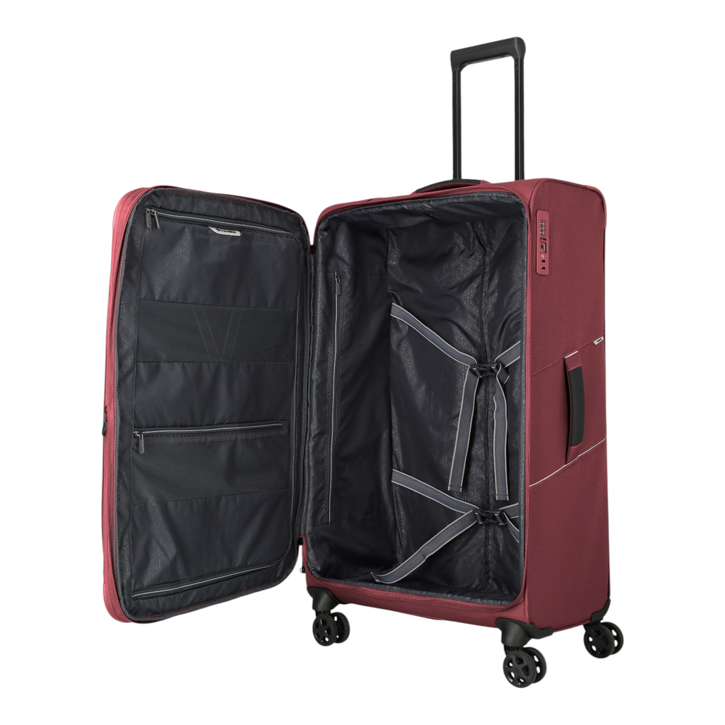 Lieblingstasche Skaii 4-wheel expandable large trolley suitcase in burgundy with open interior and packing straps