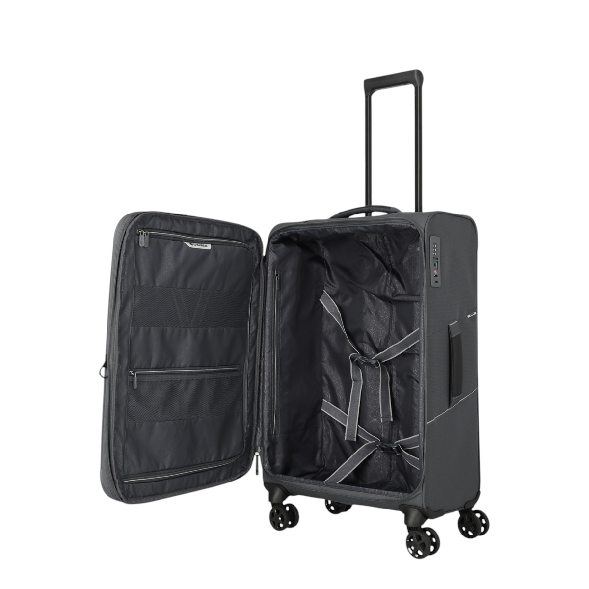Lieblingstasche Skaii 4-wheel medium expandable trolley suitcase in dark grey with open interior and packing straps