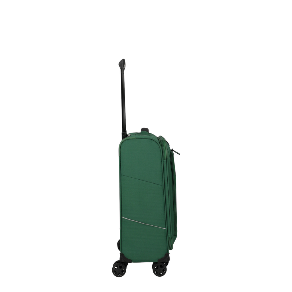 Lieblingstasche Skaii Trolley 4W S in green with four wheels and an extended telescopic handle, side view