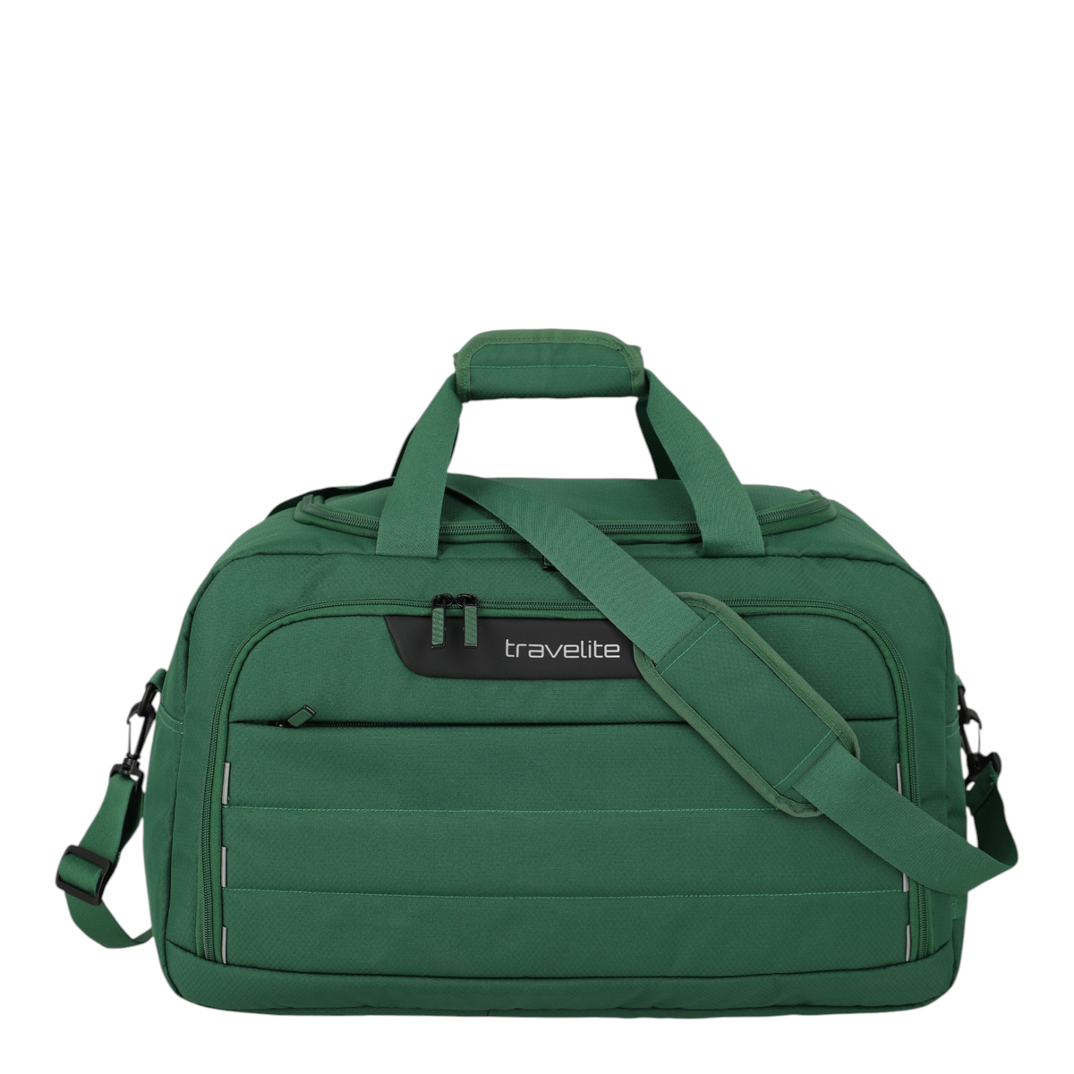 Lieblingstasche Skaii green weekender bag with top handles, adjustable shoulder strap, and front zip pocket.