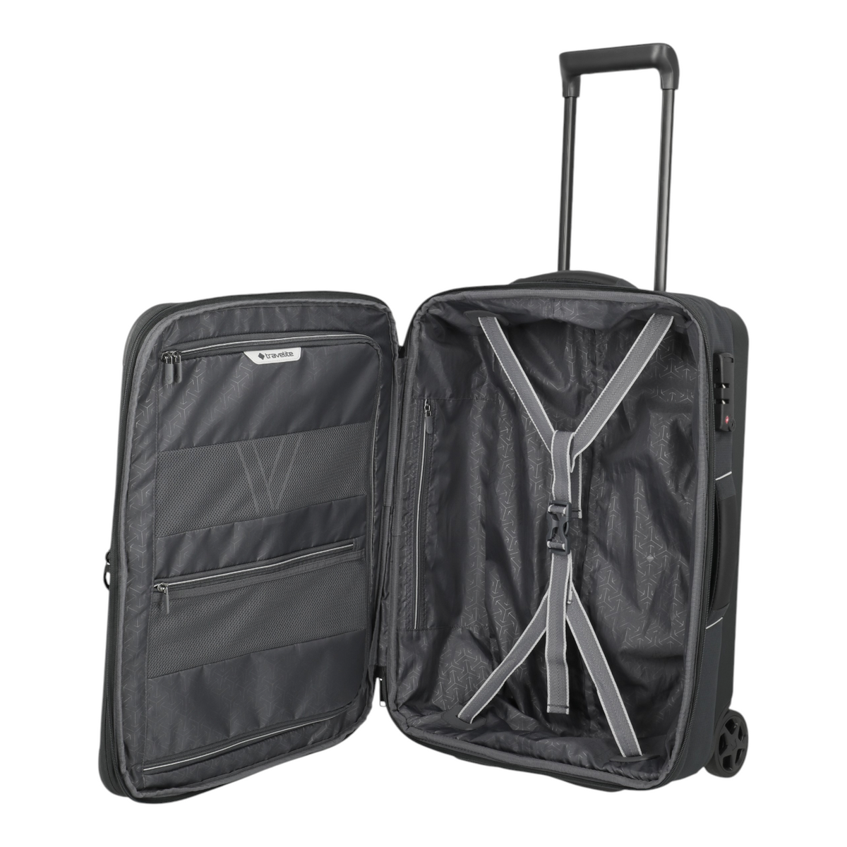 Lieblingstasche Skaii Trolley 2W Hybrid S in black with open interior, mesh pockets, and packing straps.