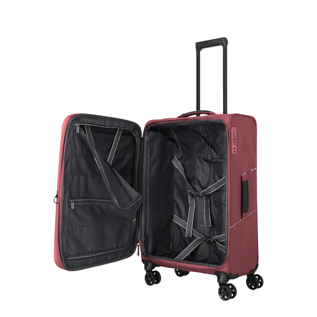 Lieblingstasche Skaii medium expandable trolley suitcase in dark red with four wheels and open interior compartments