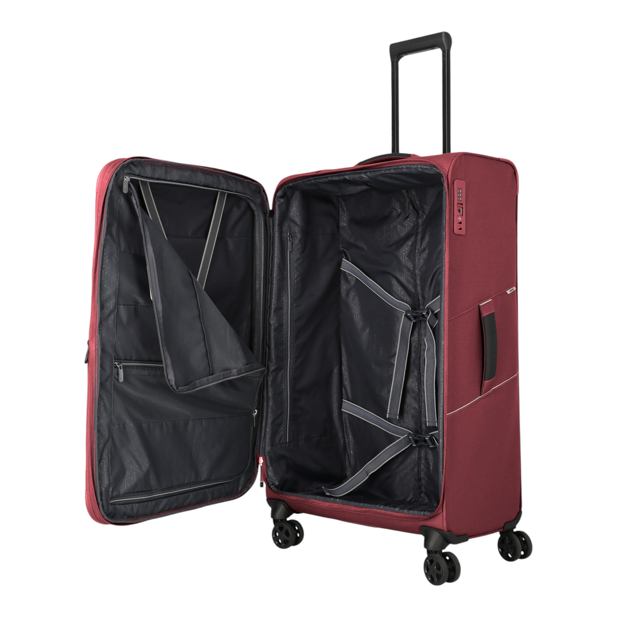 Lieblingstasche Skaii large red expandable 4-wheel trolley suitcase with open interior and packing straps