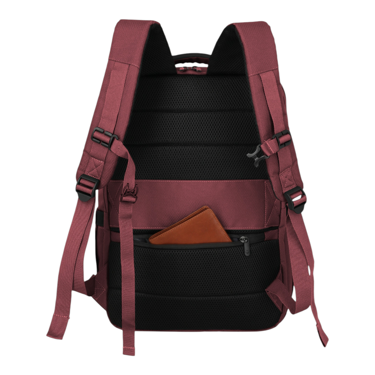 Lieblingstasche Skaii Rucksack M in burgundy with padded black mesh back panel and secure zippered pocket