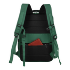 Lieblingstasche Skaii Rucksack M in green with padded black back panel and a small brown wallet in the zip pocket
