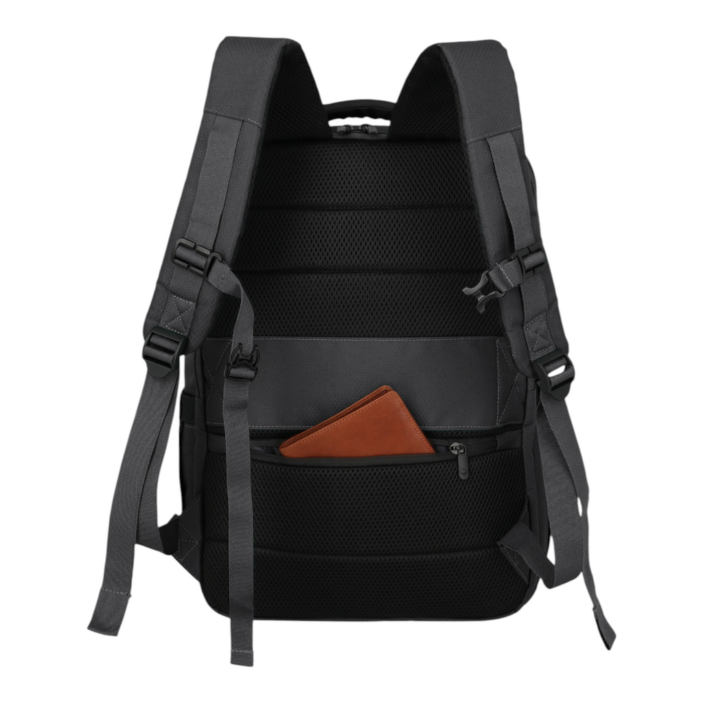 Lieblingstasche Skaii Rucksack M in black with padded back panel, adjustable straps, and a small brown wallet pocket