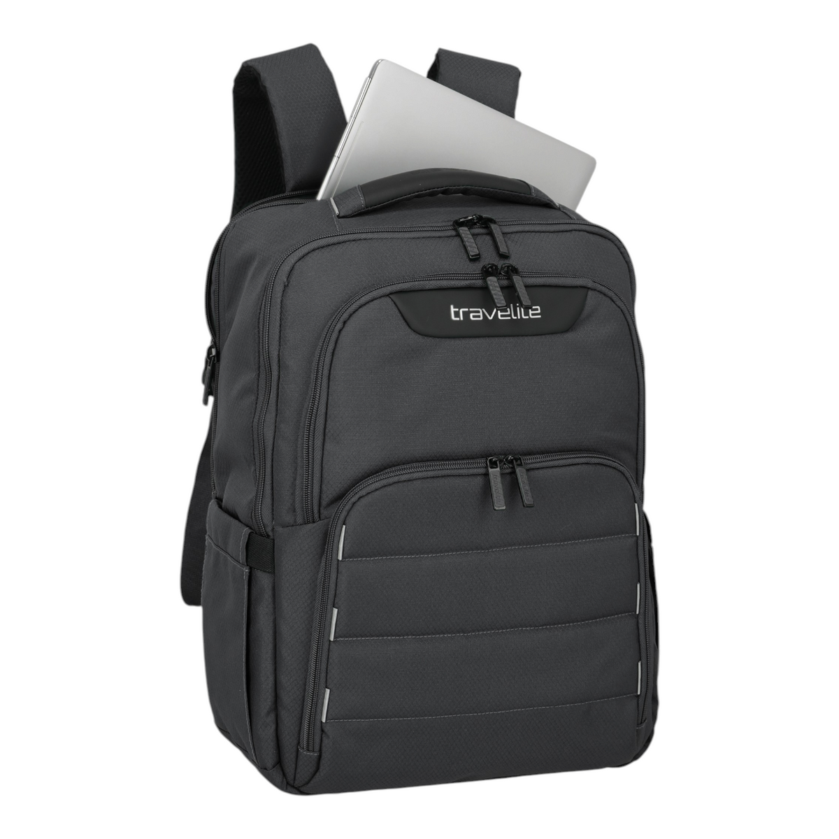 Lieblingstasche Skaii Rucksack M in black with a laptop inside, featuring multiple zippered compartments.