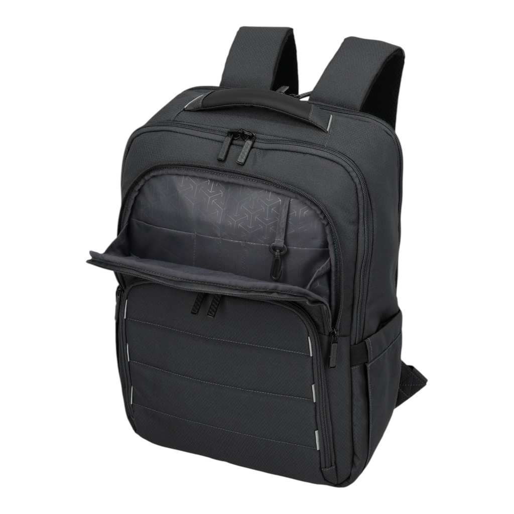 Lieblingstasche Skaii Rucksack M in black with a partially open front pocket and patterned interior lining