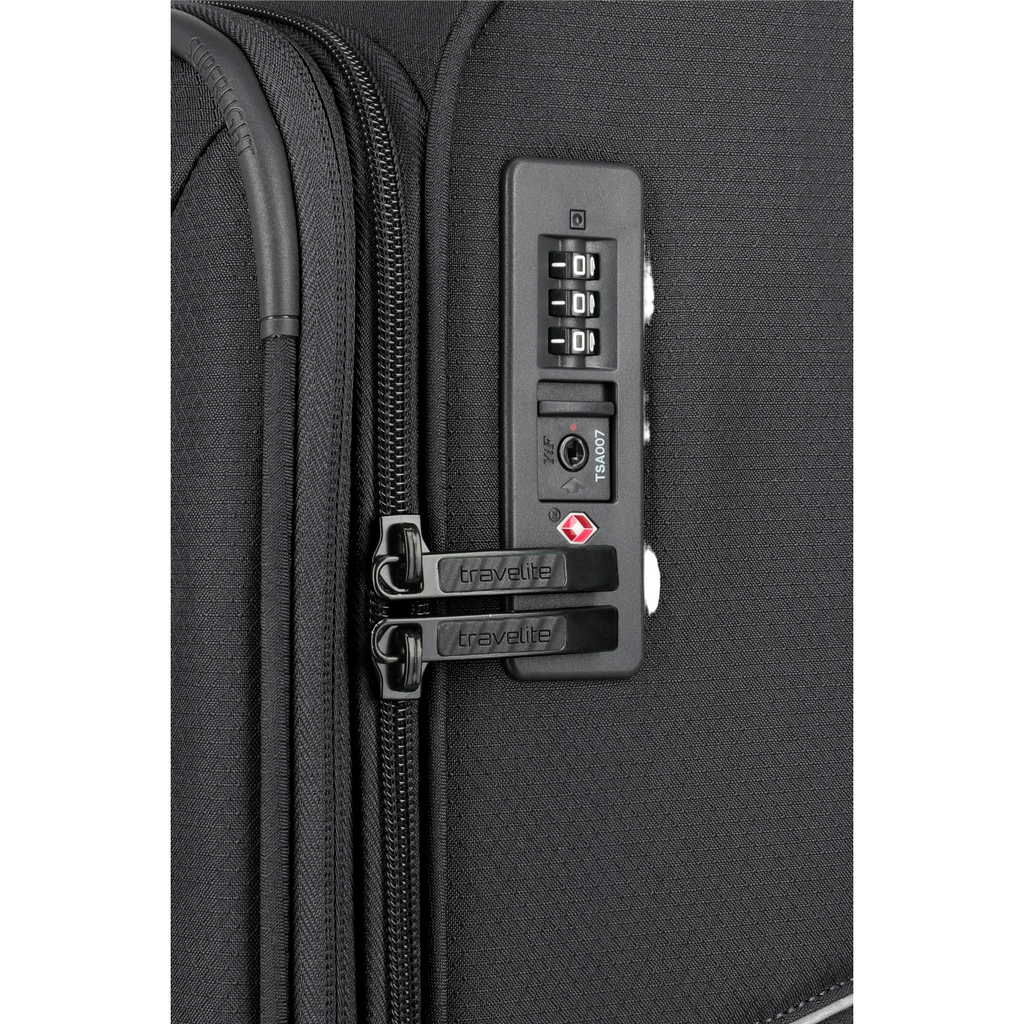 Lieblingstasche Skaii trolley suitcase in black featuring a secure TSA combination lock and durable zipper pulls.