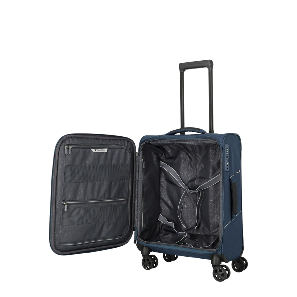 Lieblingstasche Skaii Trolley 4W S in dark blue with open interior, featuring packing straps and zippered compartments.