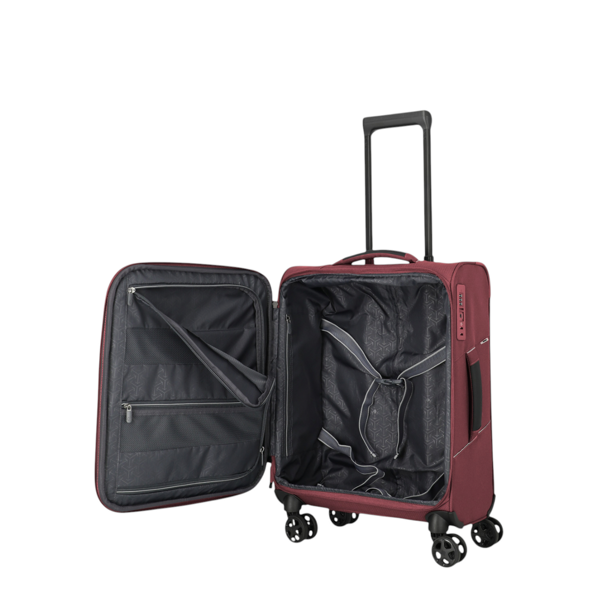 Lieblingstasche Skaii Trolley 4W S in burgundy, open view showing interior compartments and telescopic handle