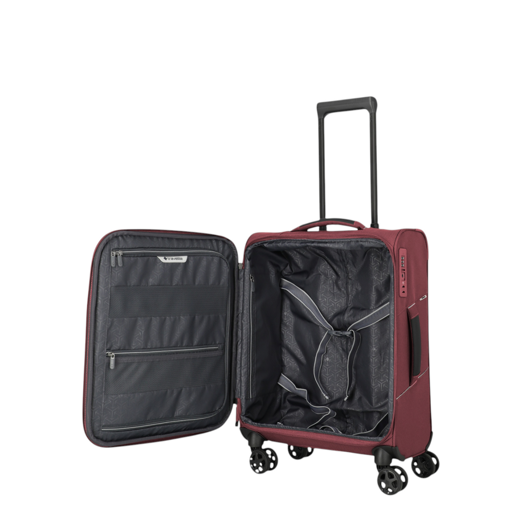 Lieblingstasche Skaii Trolley 4W S in burgundy with open interior, featuring packing straps and mesh pockets.