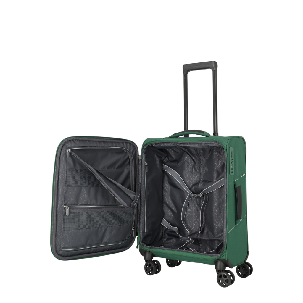 Lieblingstasche Skaii Trolley 4W S in dark green with open interior, featuring packing straps and zippered compartments.
