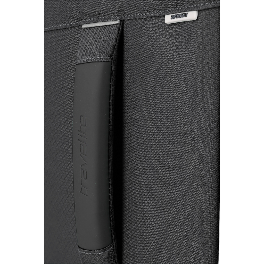 Lieblingstasche Skaii trolley suitcase handle in black with Travelite branding and superlight label detail
