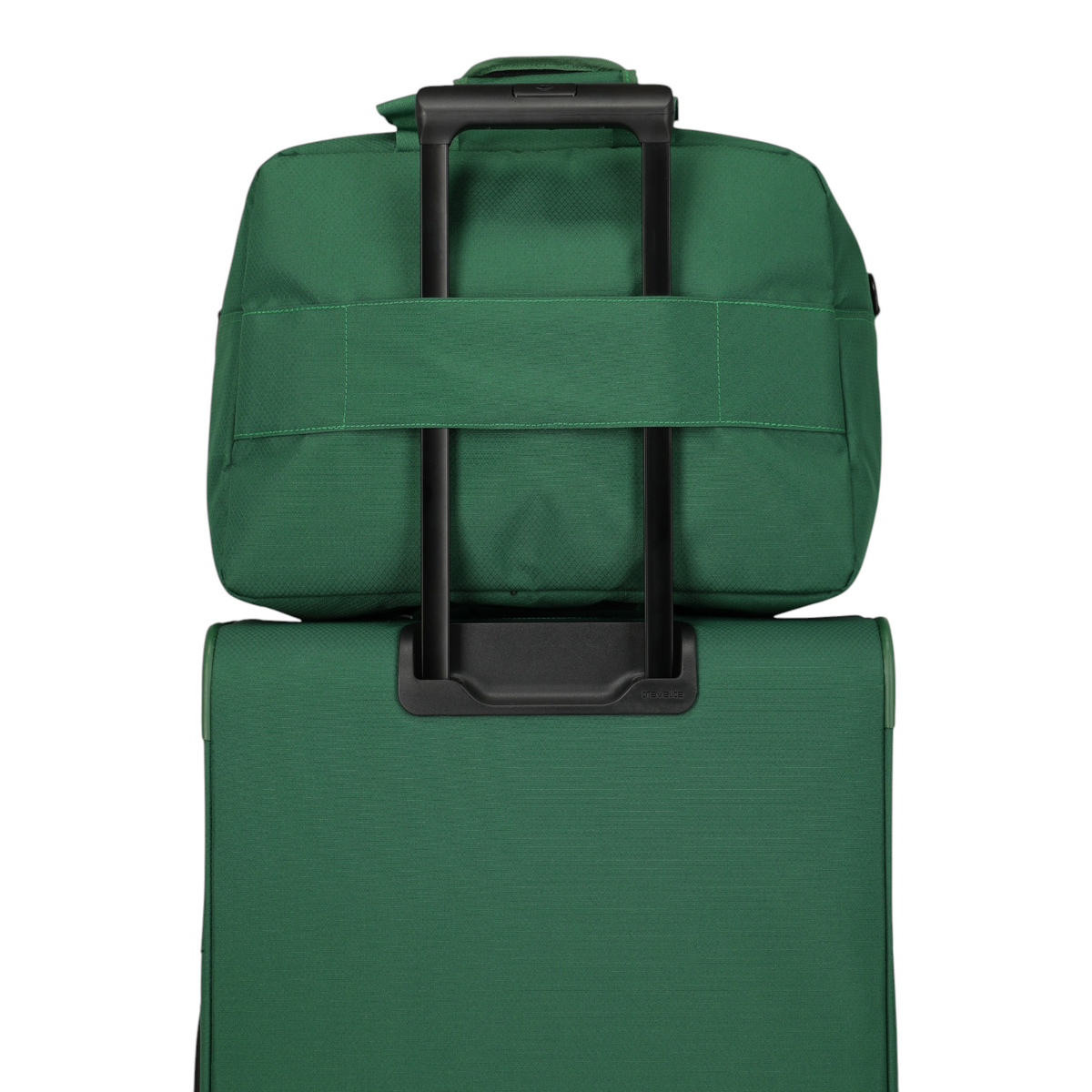 Lieblingstasche Skaii Weekender in green, featuring a trolley sleeve attached to a matching green suitcase handle.
