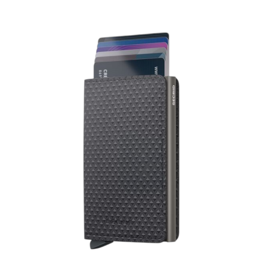 Lieblingstasche Slimwallet Pyramid in dark grey with a textured geometric pattern and card holder mechanism