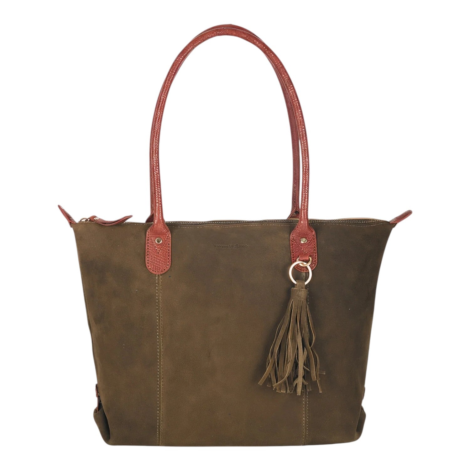 Lieblingstasche Sofia L olive green suede tote bag with red textured leather handles and tassel detail.