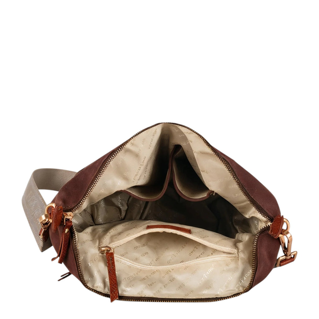 Lieblingstasche Sofia M brown suede hobo bag with multiple interior pockets and a zippered compartment.