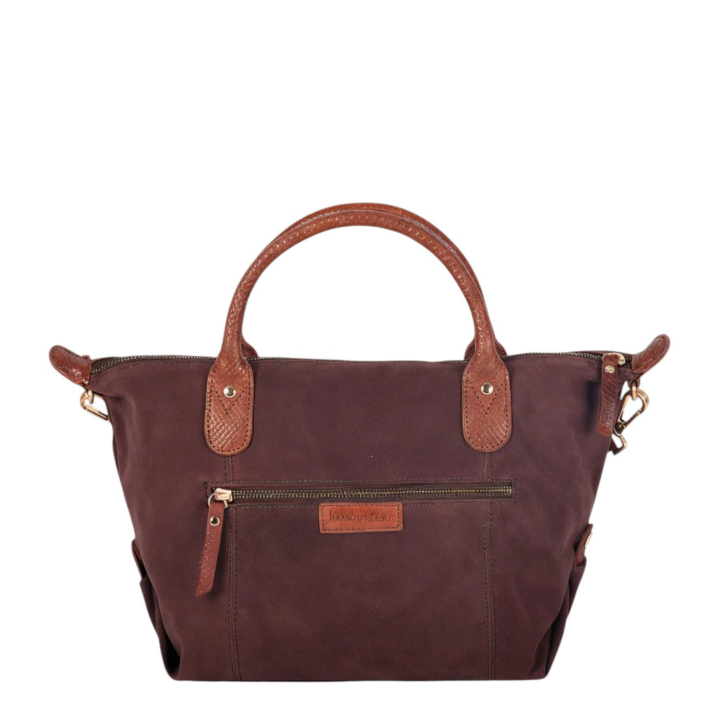 Lieblingstasche Sofia M dark brown canvas and leather trim tote bag with top handles and zip pockets.