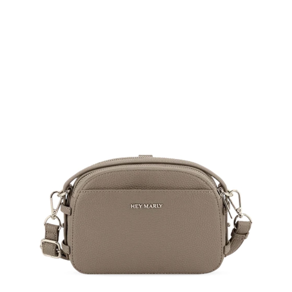 Lieblingstasche Style Mate taupe leather crossbody bag with silver hardware and Hey Marly logo