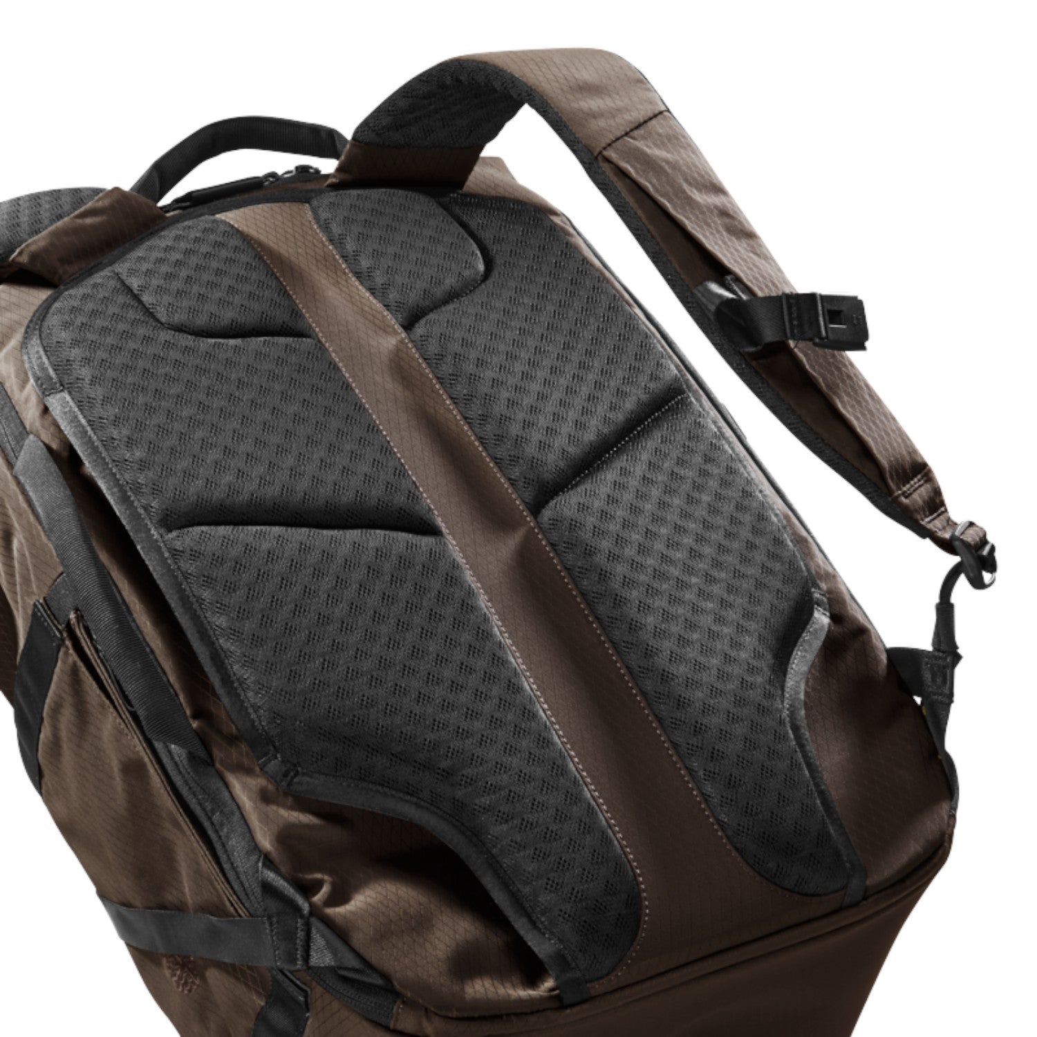 Lieblingstasche Tall41 brown rolltop travel backpack back view with breathable mesh padding and ergonomic straps