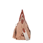 Lieblingstasche Sofia M tan suede handbag with brown leather trim, tassel detail, and adjustable strap.