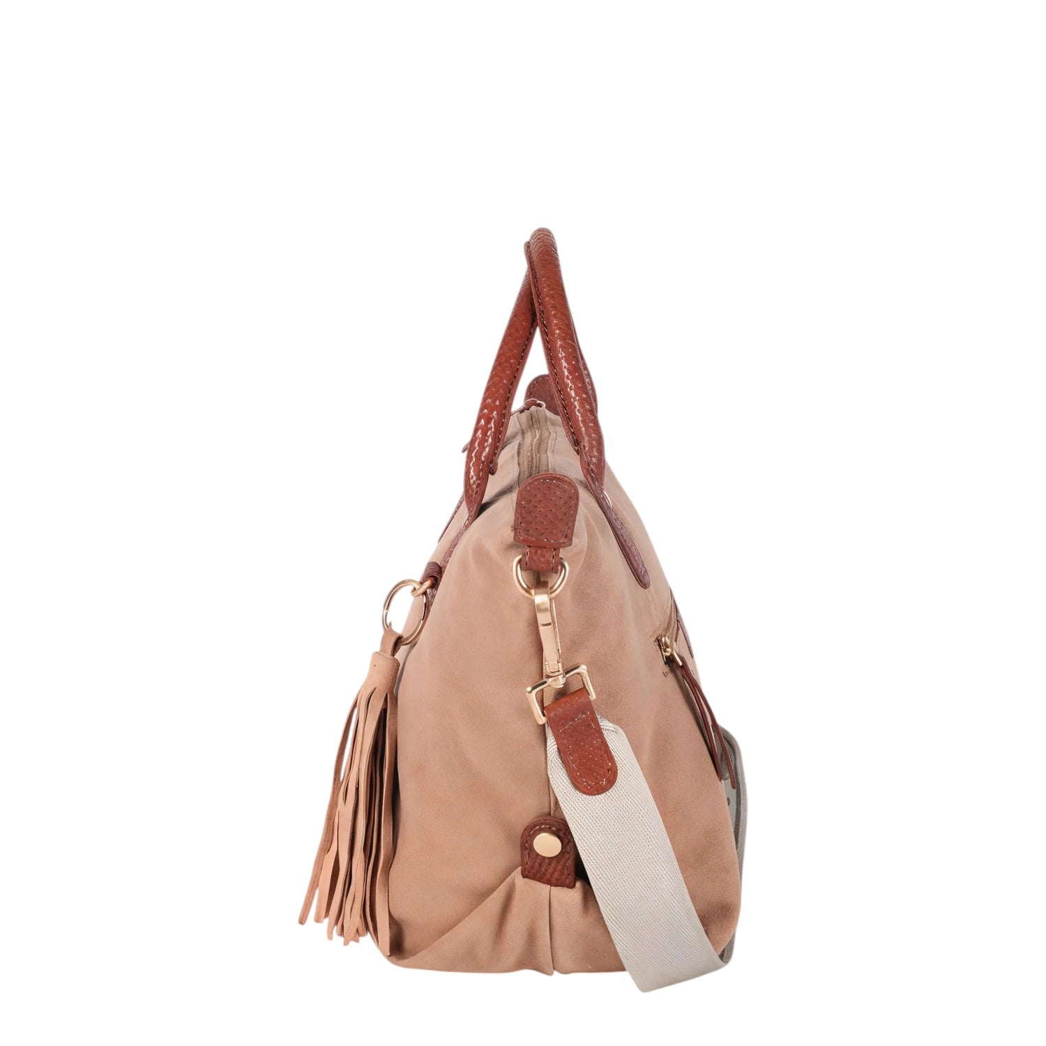 Lieblingstasche Sofia M tan suede handbag with brown leather trim, tassel detail, and adjustable strap.