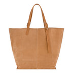 Lieblingstasche tan suede XL tote bag with adjustable shoulder strap and gold buckle detail.
