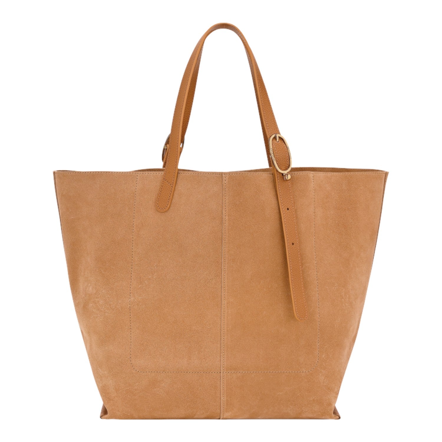 Lieblingstasche tan suede XL tote bag with adjustable shoulder strap and gold buckle detail.