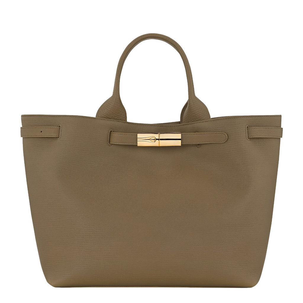 Lieblingstasche Le Smart Flow L handbag in taupe grained leather with gold-tone metal clasp closure.