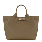 Lieblingstasche Le Smart Flow L handbag in taupe grained leather with gold-tone metal clasp closure.