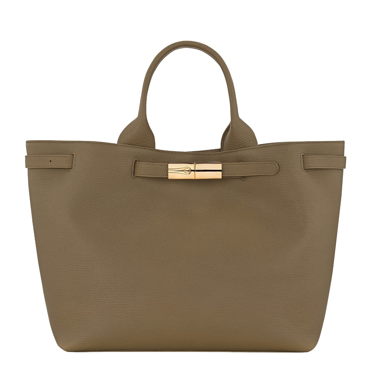 Lieblingstasche Le Smart Flow L handbag in taupe grained leather with gold-tone metal clasp closure.