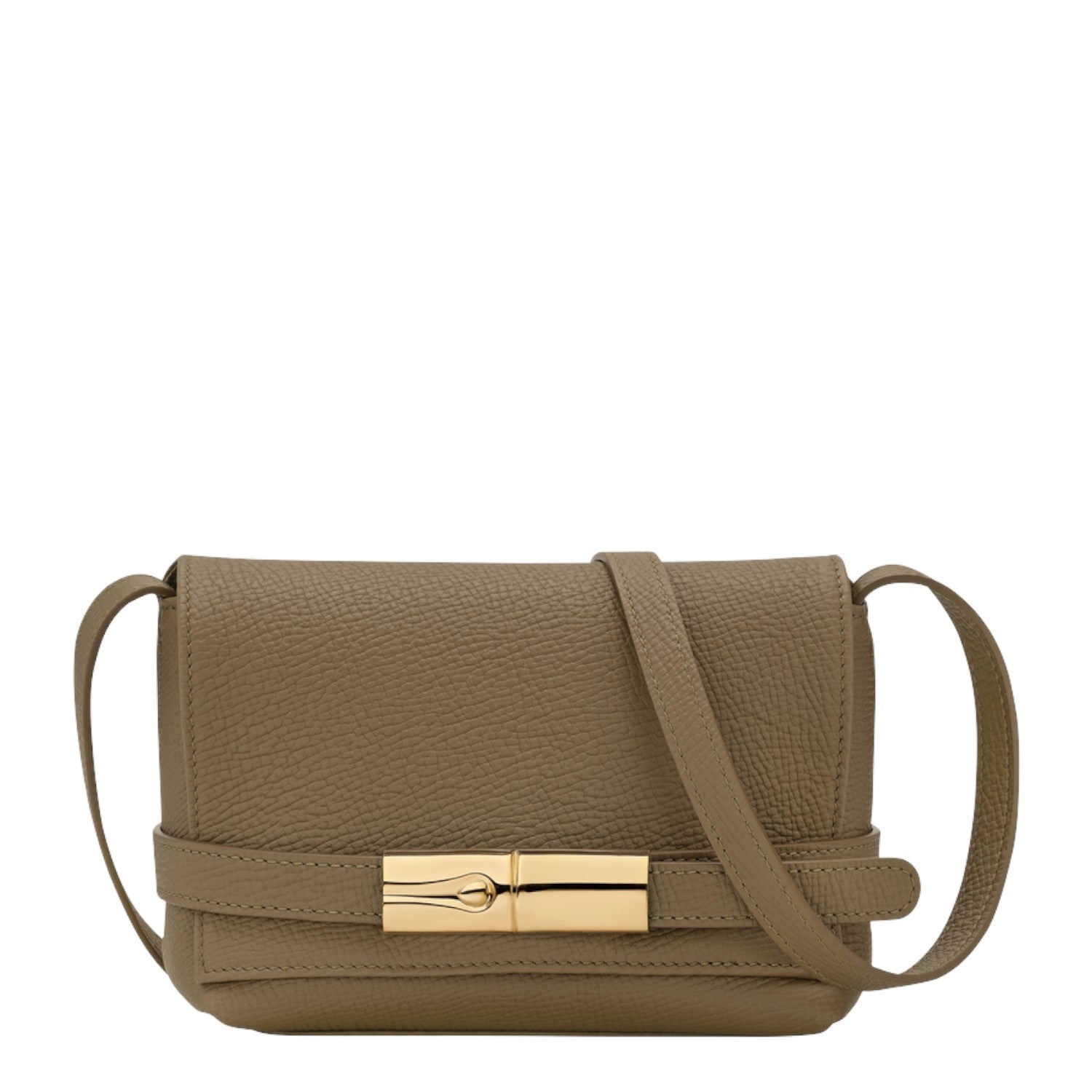 Lieblingstasche Le Smart Flow Umhängetasche S in taupe grained leather with a gold-tone metal clasp closure.