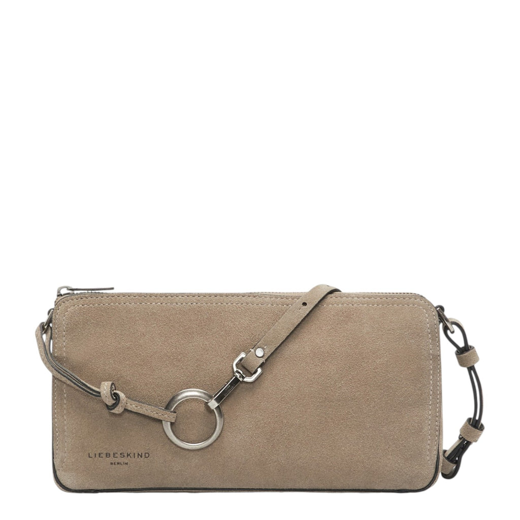 Lieblingstasche Clarice II Crossbody M bag in taupe suede leather with a silver ring detail and adjustable strap