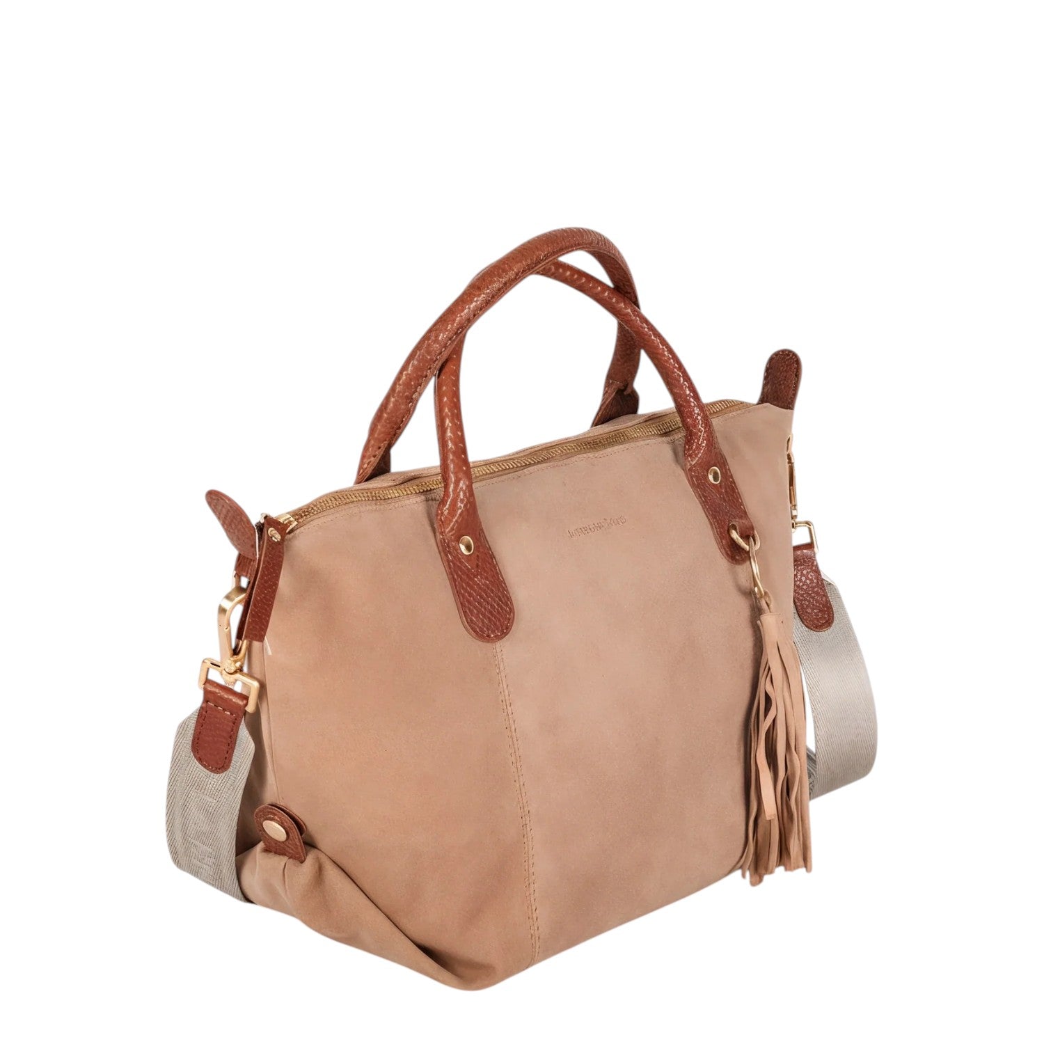 Lieblingstasche Sofia M taupe suede handbag with braided leather handles and tassel detail.