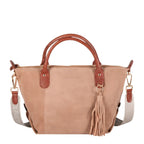 Lieblingstasche Sofia M taupe suede tote bag with brown snake-print trim and tassel detail.