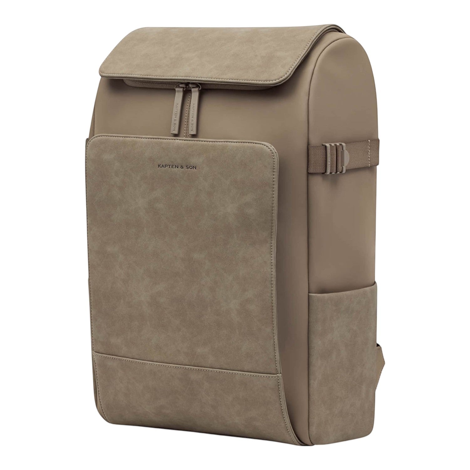 Lieblingstasche Bali Pro taupe vegan leather backpack with front zip pocket and side pockets.