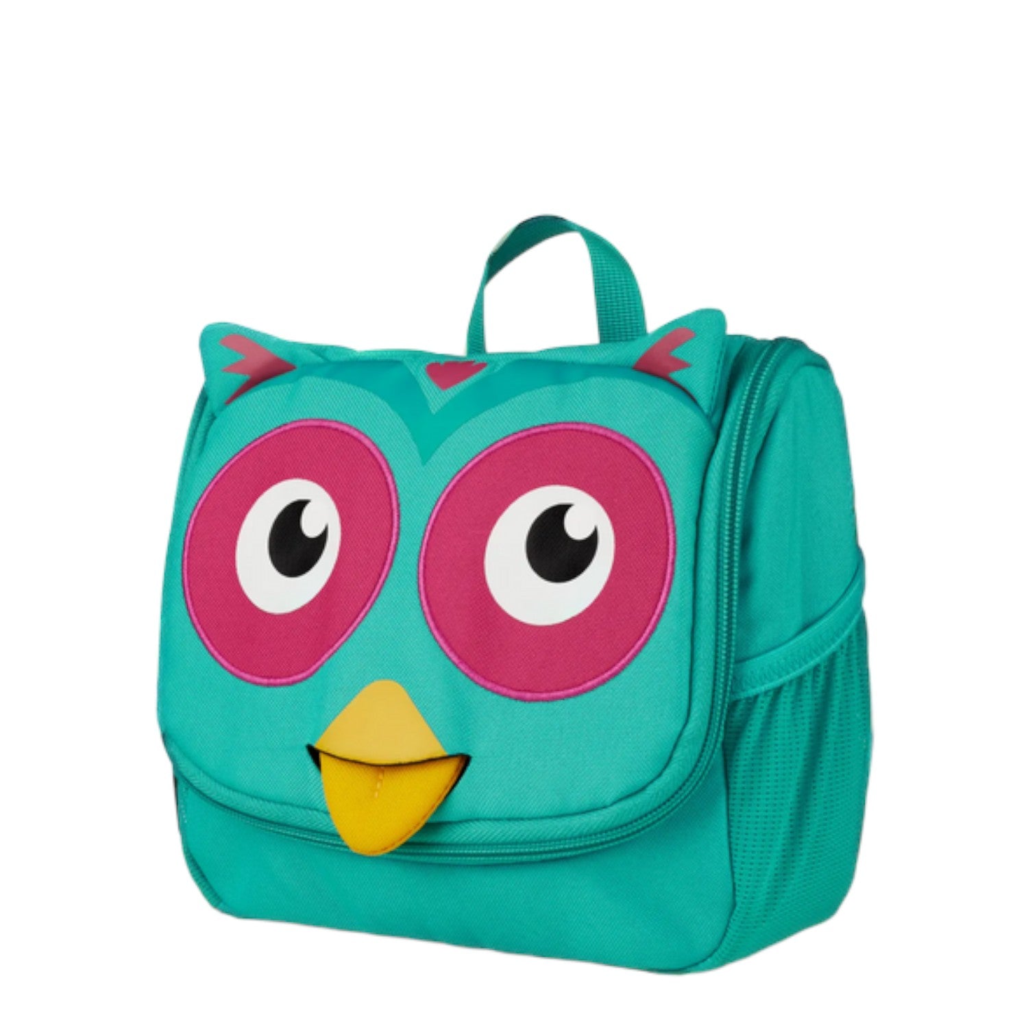 Lieblingstasche teal owl-shaped toiletry bag for kids with pink eyes and a yellow beak