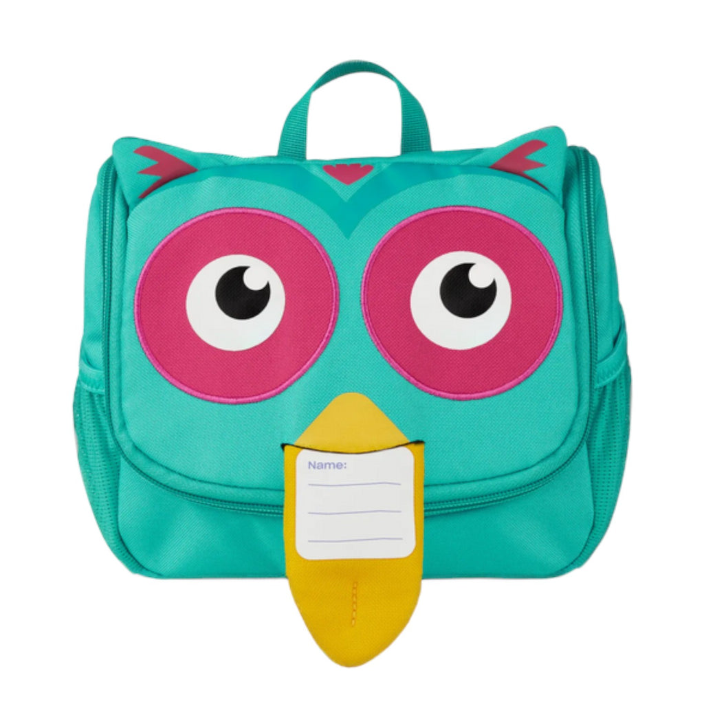 Lieblingstasche teal owl-shaped children's toiletry bag with a yellow beak name tag and pink eyes