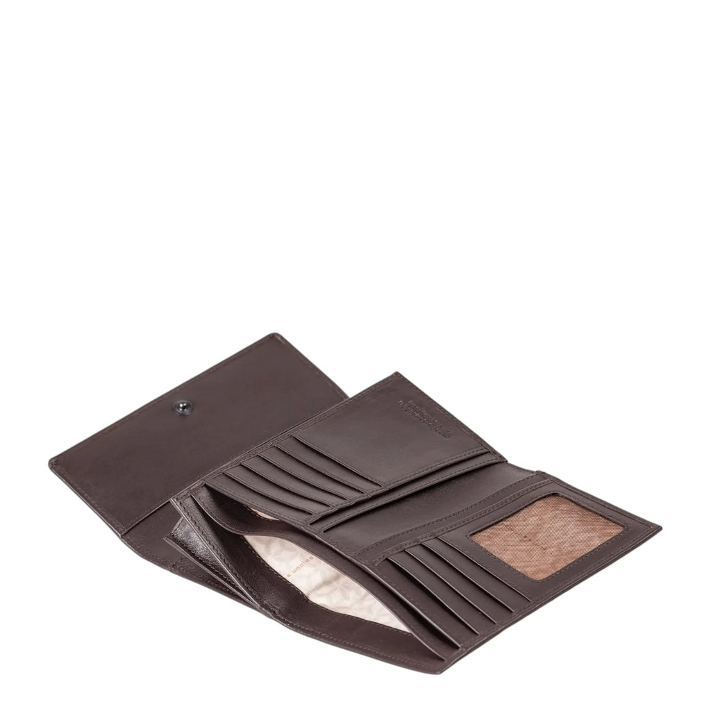 Lieblingstasche Thyme dark brown leather wallet open with multiple card slots and a clear ID window