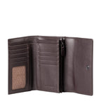 Lieblingstasche Thyme dark brown leather wallet opened to show card slots, ID window, and zippered coin compartment.